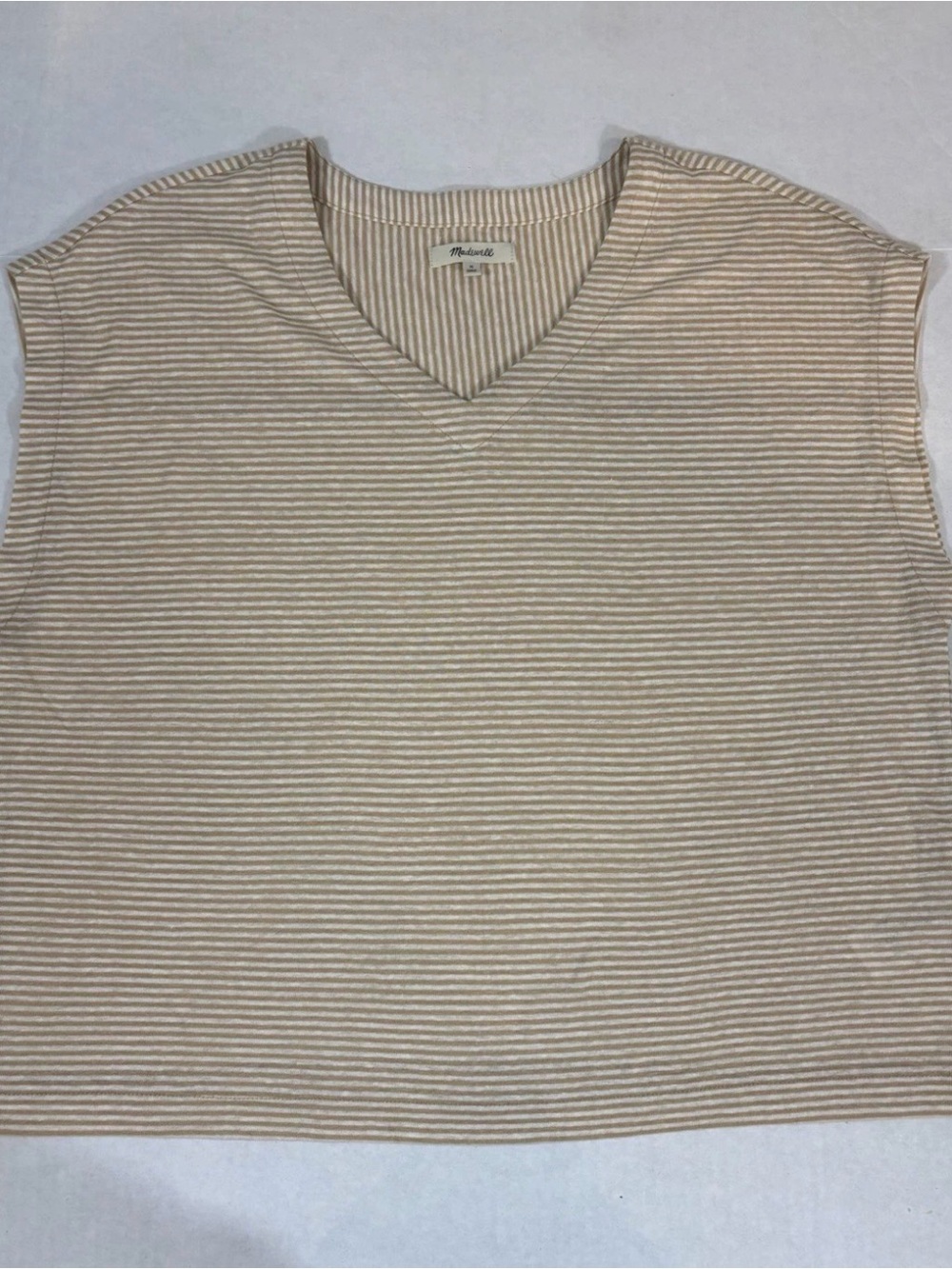 Madewell Tan and White Striped V-Neck Top